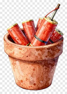 A terracotta flower pot filled with red firecrackers.