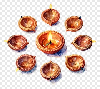 A watercolor illustration of nine diyas arranged in a circle, one lit in the center.