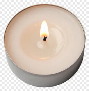 A lit tea light candle in a metallic tin.