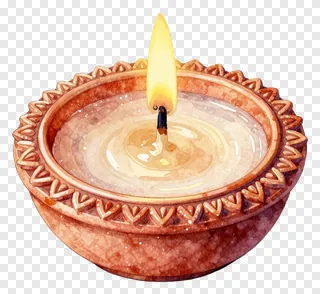 A watercolor-style clay diwali candle with a lit flame.
