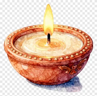 A watercolor diwali candle in a terracotta bowl.
