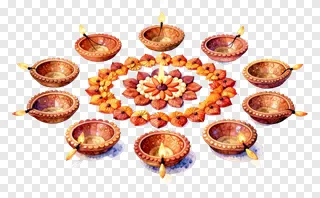 Watercolor Diwali rangoli with nine lit diyas.