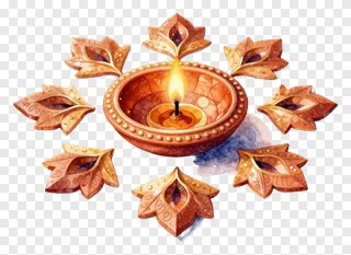A watercolor-style diya surrounded by leaf-shaped rangoli decorations.