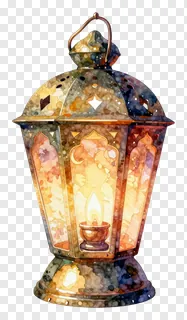 A watercolor-style lantern with a lit candle inside.