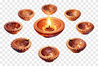 Circle of terracotta diyas with one lit in center.