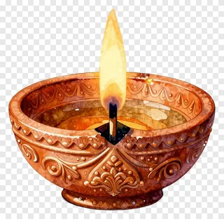 A terracotta diya lamp with a flame, painted in watercolor style.