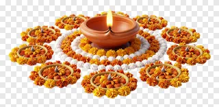 A lit terracotta diya surrounded by a flower rangoli.
