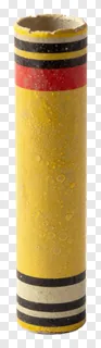 A yellow firecracker with red and black stripes.