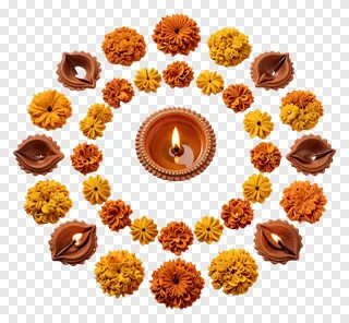 Circular rangoli design with terracotta diyas and marigold flowers.