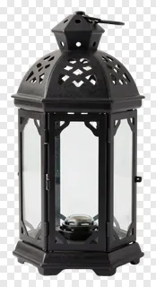 Black ornate lantern with decorative cutouts and glass panels.