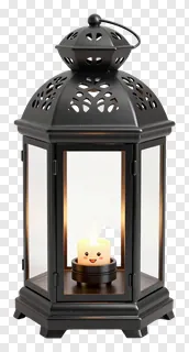 Black metal Eid lantern with a smiling candle inside.