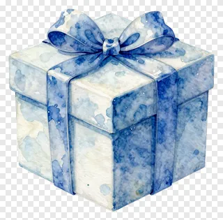 A blue watercolor gift box with a bow.