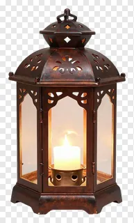 A bronze Eid lantern with decorative cutouts and a lit candle inside.
