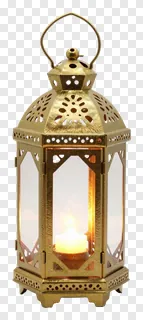 A golden ornate lantern with a lit candle.