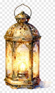 A watercolor-style ornate Eid lantern with a mottled finish and glowing candle.