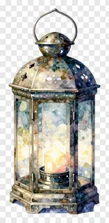 A watercolor-style ornate lantern with a lit candle.