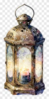 A watercolor-style ornate lantern with a lit candle.