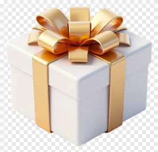A white gift box tied with a shiny gold bow.