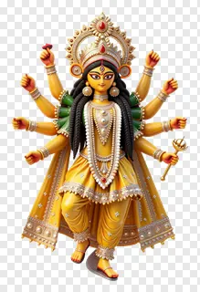 Statue of Goddess Durga with many hands wearing gold garments.