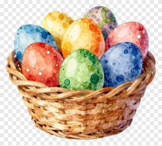 Basket filled with colorful watercolor-painted Easter eggs.