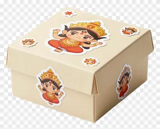 A beige gift box with Durga stickers.
