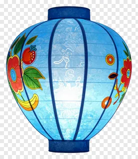 A blue lantern decorated with red flowers and green leaves.