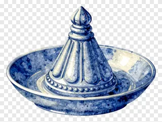 A blue watercolor painted tilak thali with a pointed top.