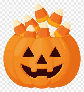 A smiling pumpkin with candy corns on its head.