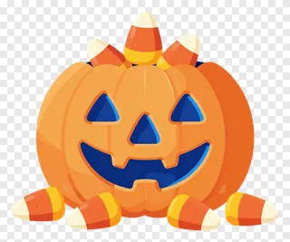 A sitting jack-o-lantern decorated with candy corn.