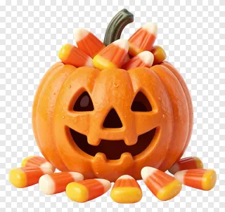 A jack-o-lantern filled with candy corn and water droplets.