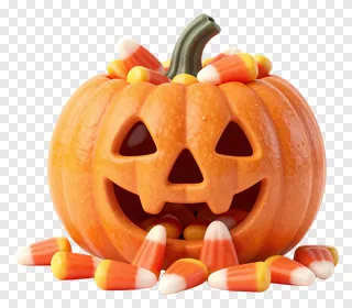 A smiling jack-o-lantern filled with candy corn.
