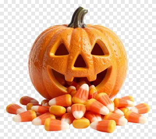 A tilted jack-o-lantern spilling candy corn.
