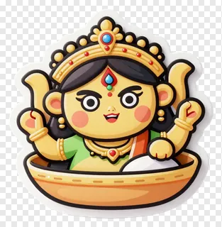 Cartoon goddess Durga in a golden thali.