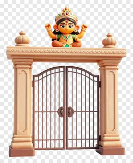 Cartoon Durga Puja gate with statue on top.