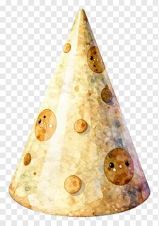 A cone-shaped party hat resembling a cheese slice with smiling cookie decorations.