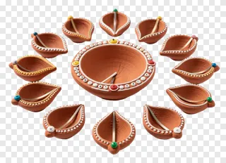 Set of terracotta diyas arranged in circular pattern.