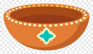 An orange clay diya with a turquoise cross design.