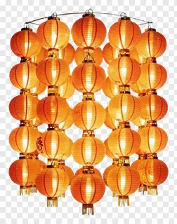 A group of glowing orange paper lanterns hanging together.