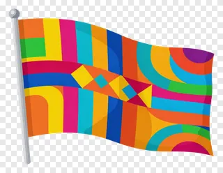 A colorful flag with geometric patterns waving in the wind.