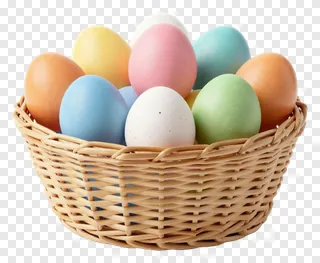 Woven basket filled with colorful Easter eggs.