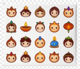 Sheet of cute Diwali-themed character and symbol stickers.