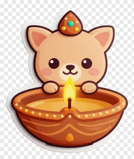 Cartoon dog holding a glowing oil lamp for Diwali.