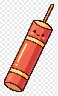 A red cartoon sparkler with a smiling face.
