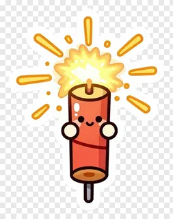 A cute cartoon sparkler firecracker with a smiling face and golden sparks.
