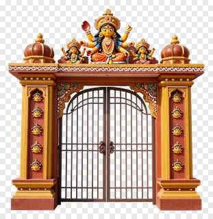 A decorative gate with statues of Durga and her children.