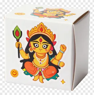 White gift box with cartoon Durga Puja design.