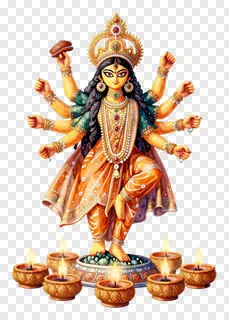 Goddess Durga with eight arms and lit diya lamps.