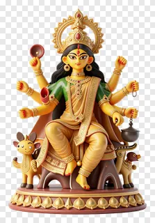 Statue of Goddess Durga with animals at her sides.