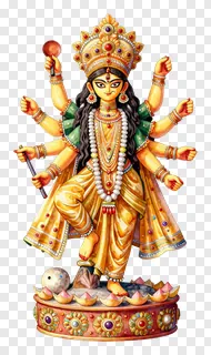 Statue of Durga with eight arms standing on a lotus base.