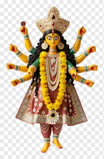 Statue of the goddess Durga wearing a yellow flower necklace.